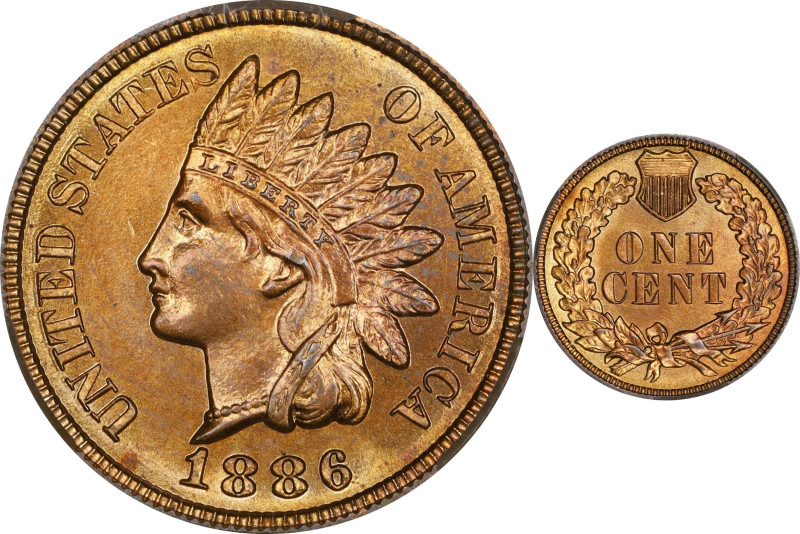 1886 Indian Cent. Type II Obverse. MS-66 RD (CACG).
This lovely cent exhibits f...