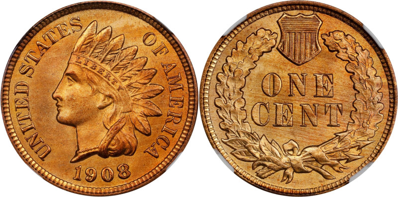 1908 Indian Cent. MS-67 RD (NGC).
A satiny and expertly preserved Superb Gem wi...