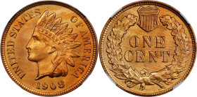 1908 Indian Cent. MS-67 RD (NGC).
A satiny and expertly preserved Superb Gem with a few splashes of peripheral reddish-rose color to otherwise medium...
