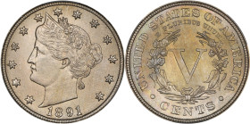 1891 Liberty Head Nickel. MS-67 (CACG).
Lightly toned in iridescent champagne-pink and apricot, this captivating Superb Gem is boldly struck with abu...