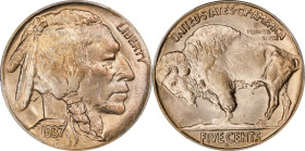 1937-D Buffalo Nickel. FS-901. 3-Legged. MS-65+ (PCGS). CAC. CMQ.
Warm, even, silver-apricot iridescence blankets both sides of this lustrous and att...