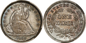 1838 Liberty Seated Dime. No Drapery. Fortin-106. Rarity-3. Large Stars. MS-67 (CACG).
This is an exquisite piece, the surfaces smooth and lustrous w...