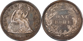 1859 Liberty Seated Dime. Transitional. Judd-233, Pollock-280. Rarity-6+. Silver. Reeded Edge. Proof-63 (PCGS). CMQ.
A gorgeous example of this scarc...