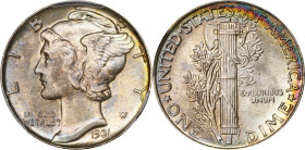1931 Mercury Dime. MS-67+ FB (PCGS). CAC.
Extraordinary top-of-the-pop quality for this otherwise readily obtainable Depression era Philadelphia Mint...