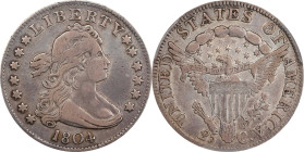 1804 Draped Bust Quarter. B-1. Rarity-3. VF-25 (PCGS). CMQ.
This is a handsome coin, with both sides warmly and evenly toned in smoky pewter gray. Ge...