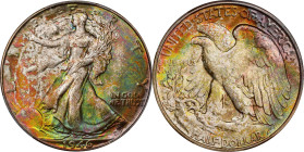 1946-D Walking Liberty Half Dollar. MS-67+ (PCGS). CAC. CMQ.
A gorgeous Superb Gem. Swaths and blushes of vivid multicolored toning adorn both sides,...