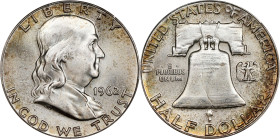 1962 Franklin Half Dollar. MS-66+ FBL (PCGS). CAC.
Delicate sandy-gold and russet toning engages the peripheries of this otherwise brilliant, creamy-...