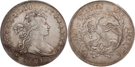 1795 Draped Bust Silver Dollar. BB-52, B-15. Rarity-3-. Centered Bust. EF-45 (PCGS).
A generally pewter gray example with a halo of warmer olive-russ...