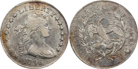 1796 Draped Bust Silver Dollar. BB-65, B-5. Rarity-3-. Large Date, Small Letters. AU-53 (PCGS).
Much frosty luster remains on both sides of this brig...