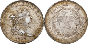 1797 Draped Bust Silver Dollar. BB-71, B-3. Rarity-2. Stars 10x6. AU-53 (PCGS). CAC. CMQ.
Offered is a lovely, conditionally scarce example of the Dr...