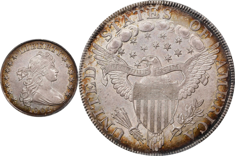 1802/1 Draped Bust Silver Dollar. BB-234, B-3. Rarity-3. Wide Date. AU-58 (PCGS)...