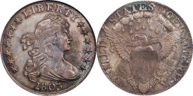 1803 Draped Bust Silver Dollar. BB-255, B-6. Rarity-2. Large 3. AU-58 (PCGS). CMQ
A deeply and attractively toned example with a base of steel-gray u...