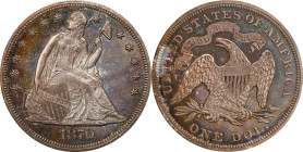 1870 Liberty Seated Silver Dollar. OC-P1. Rarity-3-. Proof-65+ (PCGS). CAC.
This gorgeous specimen is toned in a rich array of steel-olive and sandy-...