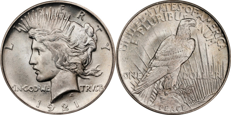 1921 Peace Silver Dollar. High Relief. MS-67 (NGC).
A pleasing example of DeFra...