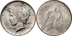 1921 Peace Silver Dollar. High Relief. MS-67 (NGC).
A pleasing example of DeFrancisci's beautiful Peace dollar, the only issue struck in high relief ...