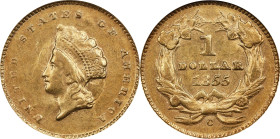 1855-C Gold Dollar. Type II. Winter-2. AU-58 (NGC).
Warmly patinated in deep honey-gold, tinges of pale pinkish-rose and warmer olive colors are also...
