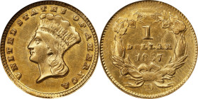 1857-D Gold Dollar. Winter 9-L. MS-61 (NGC).
A particularly noteworthy example of this low mintage rarity in the Type III gold dollar series. Mint St...