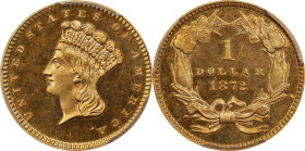 1872 Gold Dollar. JD-1. Rarity-6. Proof-64 Cameo (PCGS). CMQ.
Noteworthy Choice Cameo Proof quality for this underrated rarity in the Proof gold doll...