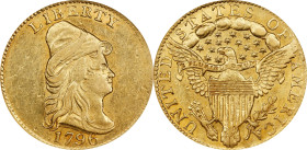 1796 Capped Bust Right Quarter Eagle. No Stars on Obverse. BD-2. Rarity-4. AU-58 (NGC).
This is a highly appealing example of the 1796 No Stars quart...