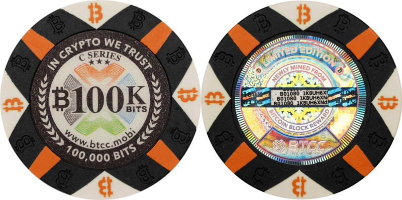 2016 BTCC "Poker Chip" 0.1 Bitcoin. Loaded. Firstbits 1K8UH6XNd. Serial No. B010...