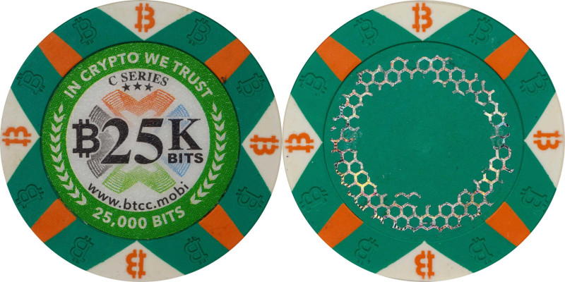Redeemed 2016 BTCC 25K Bits "Poker Chip" 0.025 Bitcoin. Series C. Genuine (ICG)....