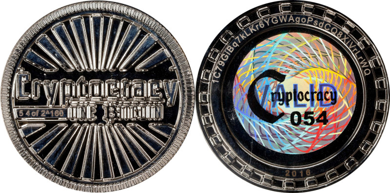Unfunded 2016 Cryptocracy 1 Bitcoin. Firstbits 1C79GiBq7kL. Serial No. 054. Seri...