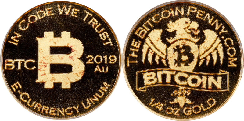2019 Bitcoin Penny Co. Bitcoin-Themed Gold Token. Eagle Facing Right. 1/4oz .999...