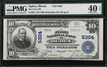 Ogden, Illinois. $10 1902 Plain Back. Fr. 633. First NB. Charter #5304. PMG Extremely Fine 40 EPQ.
Hailing from a small hamlet on the outskirts of Ca...