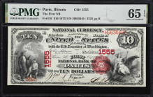Paris, Illinois. $10 1875. Fr. 416. First NB. Charter #1555. PMG Gem Uncirculated 65 EPQ.
Examples of this design are no doubt a sight to behold. Fro...