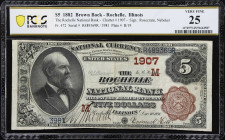 Rochelle, Illinois. $5 1882 Brown Back. Fr. 472. Rochelle NB. Charter #1907. PCGS Banknote Very Fine 25.
Hailing from a small town that straddles two...