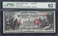 Charles City, Iowa. $5 1875. Fr. 401. First NB. Charter #1810. PMG Uncirculated 62 Net. Previously Mounted, Small Tear.
Representative of a small tro...