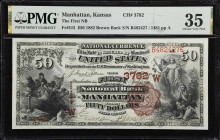 Manhattan, Kansas. $50 1882 Brown Back. Fr. 515. First NB. Charter #3782. PMG Choice Very Fine 35.
Reflective of a design first issued in the 1860s a...