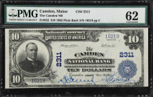 Camden, Maine. $10 1902 Plain Back. Fr. 632. Camden NB. Charter #2311. PMG Uncirculated 62.
Overlooking the Penobscot Bay in Knox County. The town of...