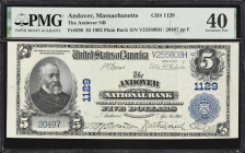 Andover, Massachusetts. $5 1902 Plain Back. Fr. 598. Andover NB. Charter #1129. PMG Extremely Fine 40.
A long-lived albeit scarce and seldom offered ...