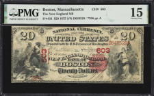 Boston, Massachusetts. $20 1875. Fr. 431. New England NB. Charter #603. PMG Choice Fine 15.
A rare note regardless of the issuing bank, $20 National ...