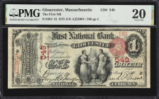Gloucester, Massachusetts. $1 1875. Fr. 383. First NB. Charter #549. PMG Very Fine 20.
A superb Series of 1875 $1 National from the North Shore issue...