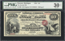 Detroit, Michigan. $10 Original. Fr. 409. Second NB. Charter #116. PMG Very Fine 30 Net. Thinning.
Representative of a rare charter from Detroit that...