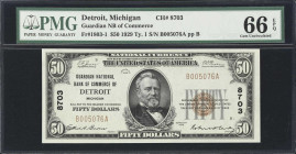 Detroit, Michigan. $50 1929 Ty. 1. Fr. 1803-1. Guardian NB of Commerce. Charter #8703. PMG Gem Uncirculated 66 EPQ.
Issued by an institution which op...