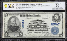 Detroit, Michigan. $5 1902 Plain Back. Fr. 609. Griswold NB. Charter #12847. PCGS Banknote Very Fine 30. Serial Number 1.
Organized in 1925, the Gris...
