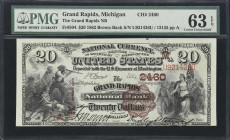Grand Rapids, Michigan. $20 1882 Brown Back. Fr. 504. Grand Rapids NB. Charter #2460. PMG Choice Uncirculated 63 EPQ.
A handsome note from Michigan a...