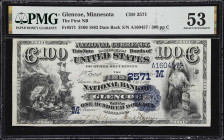 Glencoe, Minnesota. $100 1882 Date Back. Fr. 571. First NB. Charter #2571. PMG About Uncirculated 53.
A magnificent rarity even for the specialist. T...