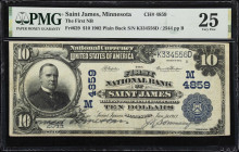 Saint James, Minnesota. $10 1902 Plain Back. Fr. 629. First NB. Charter #4859. PMG Very Fine 25.
A seldom offered charter from the rural expanses of ...