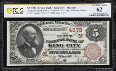 King City, Missouri. $5 1882 Brown Back. Fr. 471. First NB. Charter #4373. PCGS Banknote Uncirculated 62.
A survivor in every sense of the word. This...