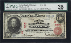 Saint Louis, Missouri. $100 1902 Red Seal. Fr. 686. Fourth NB. Charter #283. PMG Very Fine 25.
Issued from just 1902 to 1908, the Series of 1902 Red ...