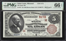 Saint Louis, Missouri. $5 1882 Brown Back. Fr. 477. State NB. Charter #5172. PMG Gem Uncirculated 66 EPQ.
A pillar of the banking industry in Missour...
