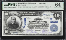 Wood River, Nebraska. $10 1902 Date Back. Fr. 618. First NB. Charter #3939. PMG Choice Uncirculated 64.
Located in Hall County, the town of Wood Rive...