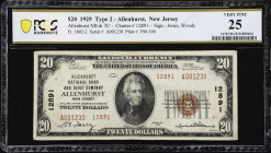 Allenhurst, New Jersey. $20 1929 Ty. 2. Fr. 1802-2. Allenhurst NB & TC. Charter #12891. PCGS Banknote Very Fine 25.
Hailing from Monmouth County and ...