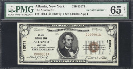 Atlanta, New York. 1929 Ty. 1 $5 Fr. 1800-1. Atlanta NB. Charter #12071. PMG Gem Uncirculated 65 EPQ. Serial Number 1.
A classic example of a misplac...
