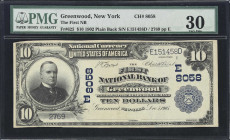 Greenwood, New York. 1902 Plain Back $10 Fr. 625. First NB. Charter #8058. PMG Very Fine 30.
A small hamlet in Steuben County situated near the borde...