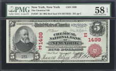 New York, New York. 1902 Red Seal $5 Fr. 587. Chemical NB. Charter #1499. PMG Choice About Uncirculated 58 EPQ.
Tracing a history back to the 1820s, ...